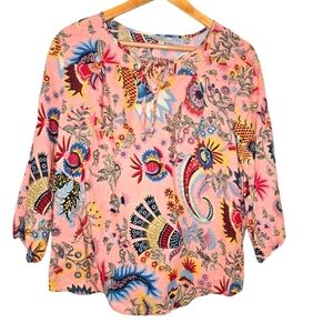 Hester & Orchard Linen Blend Boho Hippie Chic Floral Print Peasant Blouse Large